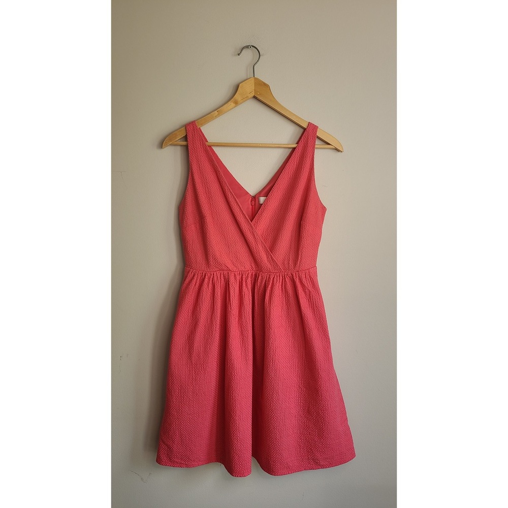 LOFT‎ Pink Textured Surplice V-Neck Fit & Flare Dress with Pockets 0